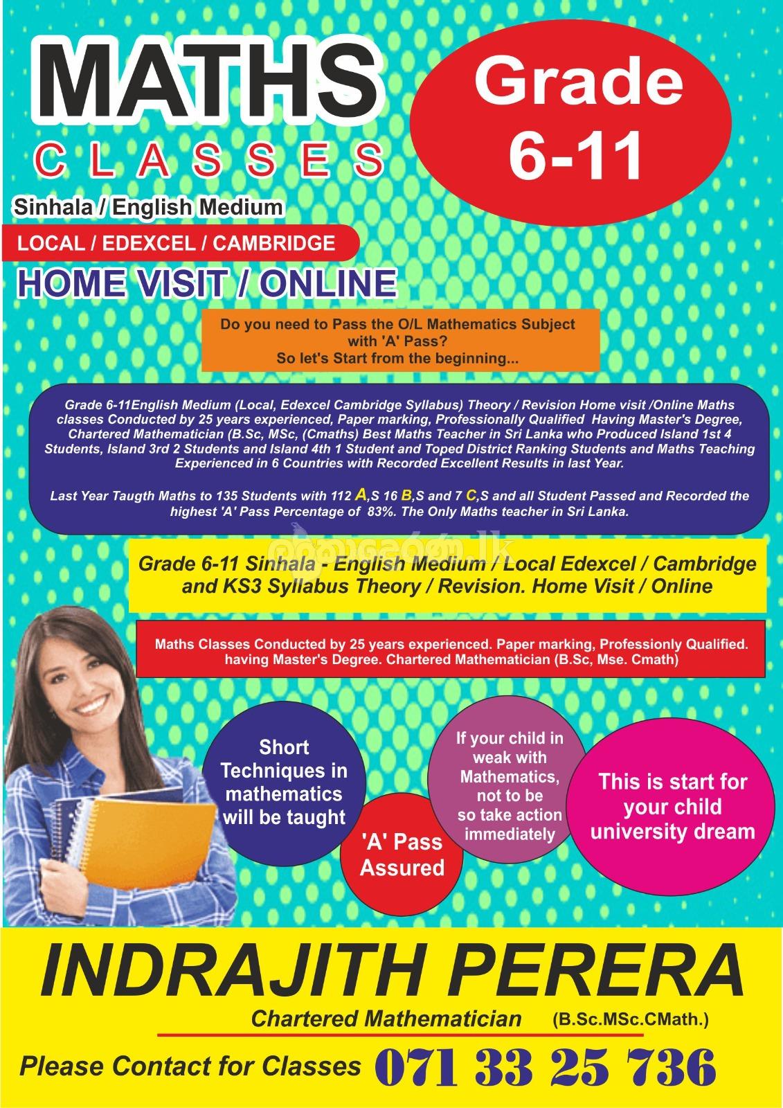 MATHS FOR GRADE 6 – 11 (SINHALA / ENGLISH ) MEDIUM ( LOCAL / CAMBRIDGE / EDEXCEL ) –HOME VISIT / ONLINE