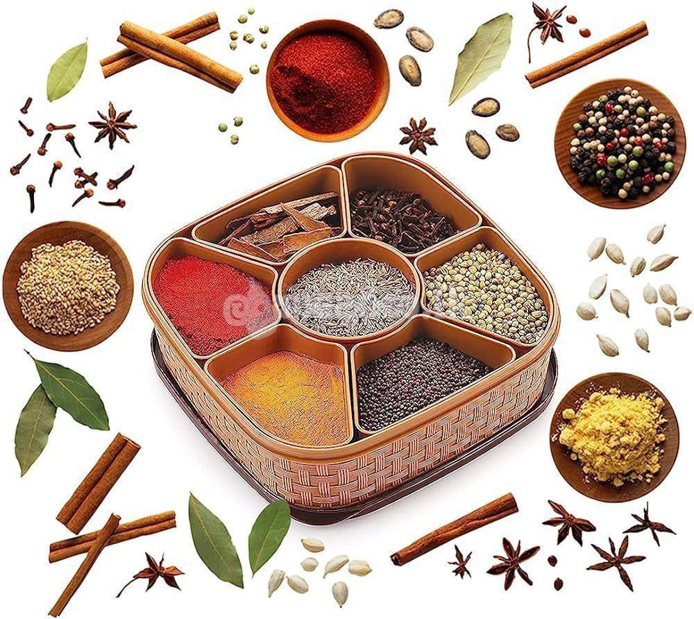 Plastic Round Masala Dabba with Multiple Compartment Spice Container Masala Box Vatti Anjarai Petti for Home Kitchen Masala Spices Tray/Container with 6 Inner Bowls (Multi Color)